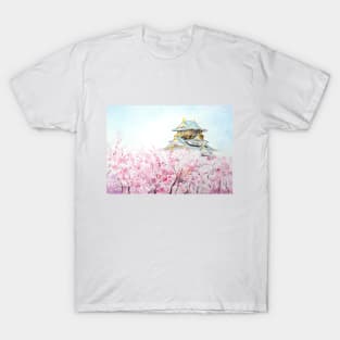 Japan Osaka castle and sakura watercolor painting T-Shirt